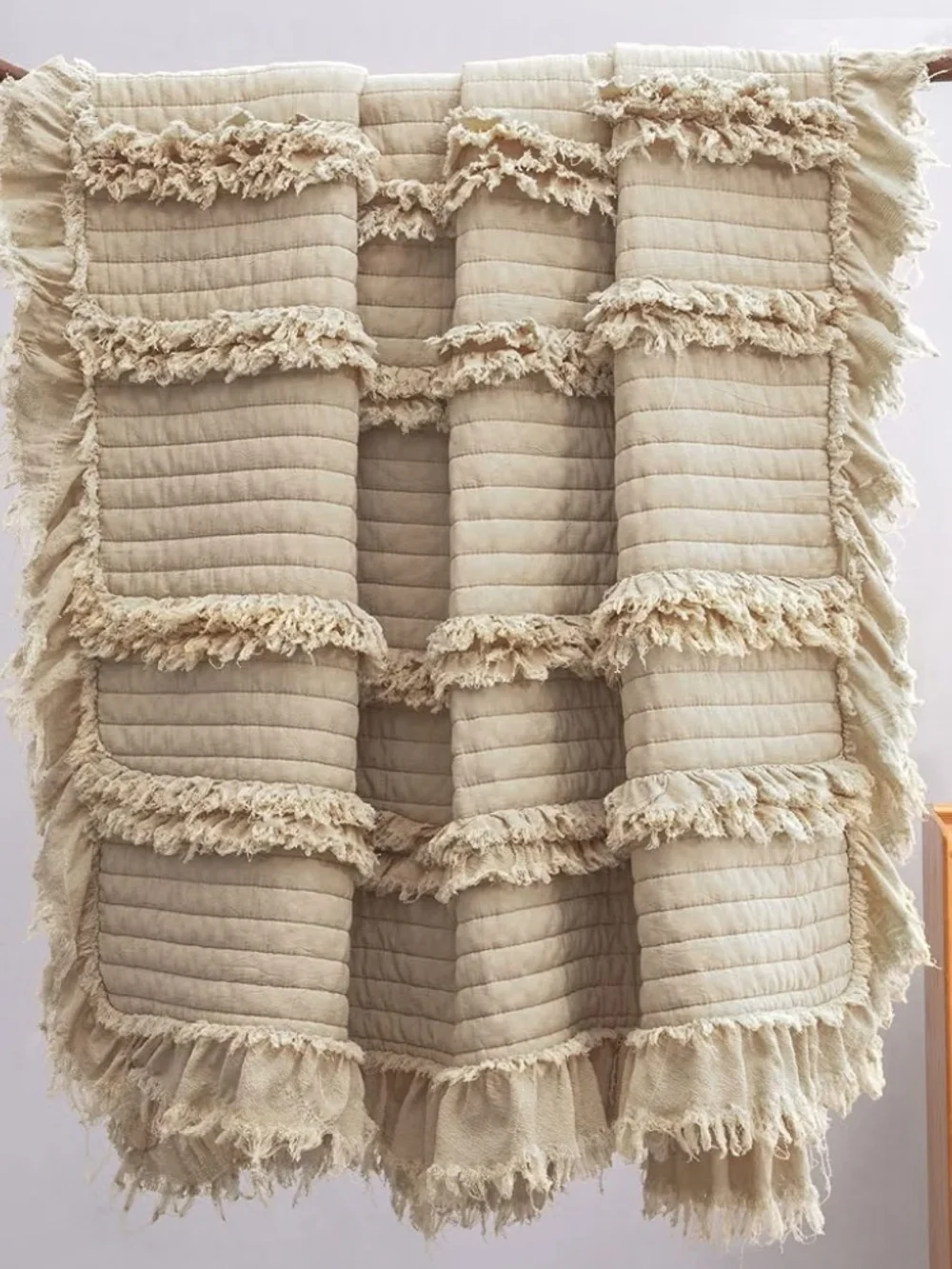 Textured Fringed Quilted Throw Blanket in Cream